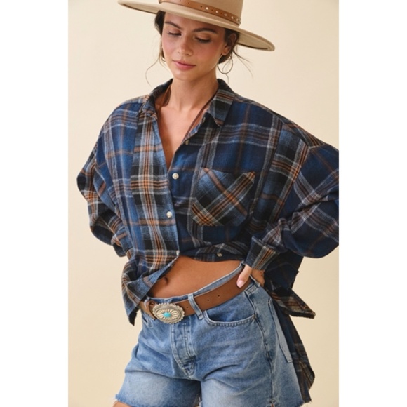 Navy Blue Kambrie Button Down Plaid Patchwork Flannel Casual Shirt - Picture 1 of 10